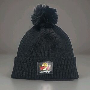 Ed Hardy Womens Beanie Hat Roses Tattoo Tiger Black Faux Fur Pom OSFM Authentic